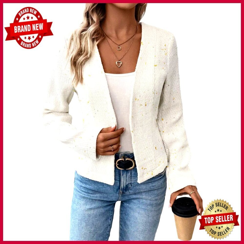 Slim Fit Tweed Blazer Collarless Open Front Fully Lined Work Casual